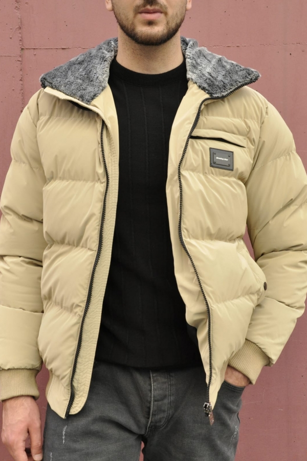 102217 Peluş Yakalı Krem Şişme Mont