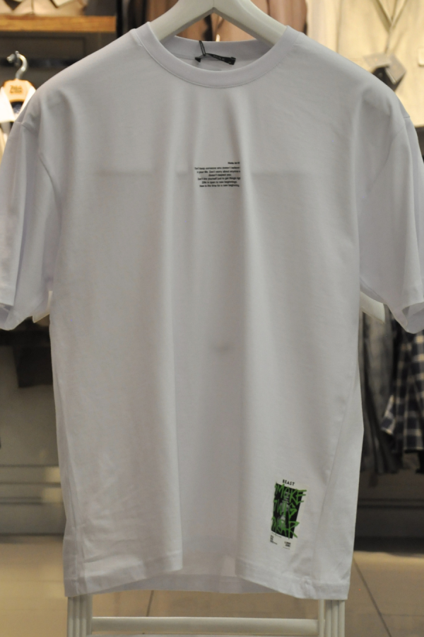 Bisiklet Yaka Yazı Baskılı Oversize T-Shirt Beyaz