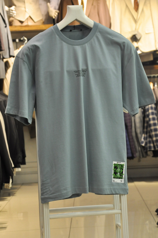 Bisiklet Yaka Yazı Baskılı Oversize T-Shirt Soft Mavi