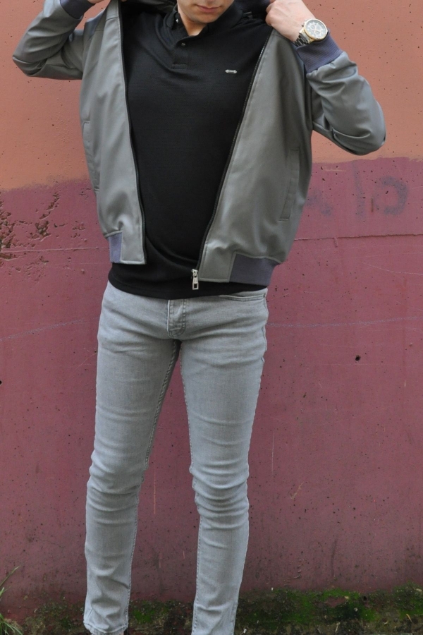 Slim Fit Deri Kolej Yaka Bomber Gri Ceket