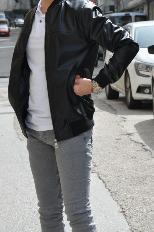 Slim Fit Deri Kolej Yaka Bomber Siyah Ceket