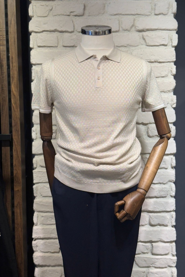 Triko Bej Düğmeli Polo Yaka T-Shirt Dama