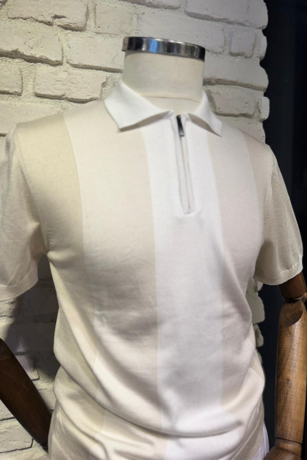 Triko Bej Fermuarlı Polo Yaka  T-Shirt Çizgili