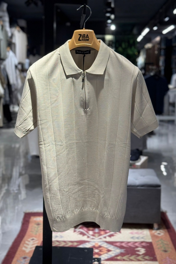 Triko Bej Fermuarlı Polo Yaka T-Shirt Düz