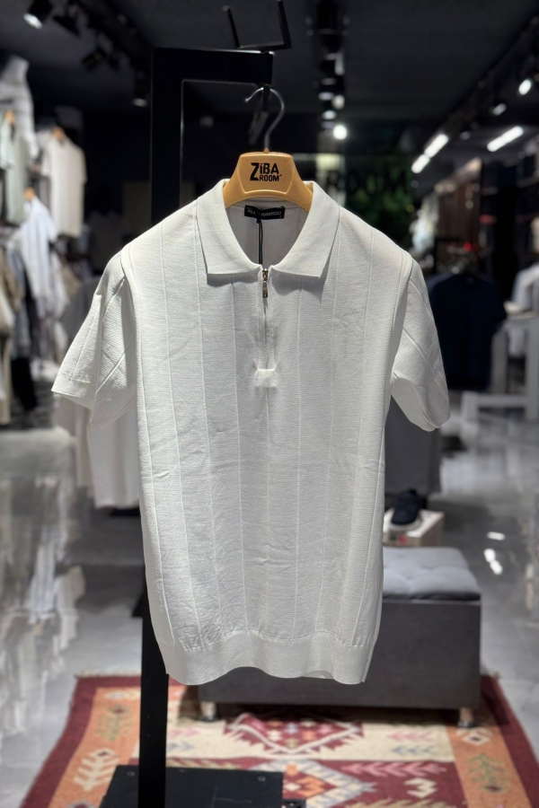 Triko Beyaz Fermuarlı Polo Yaka T-Shirt Düz