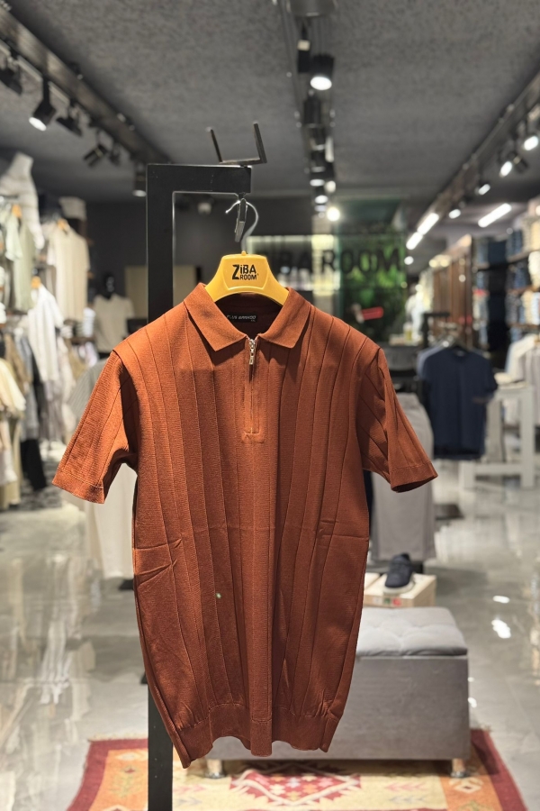 Triko Kiremit Fermuarlı Polo Yaka T-Shirt Düz