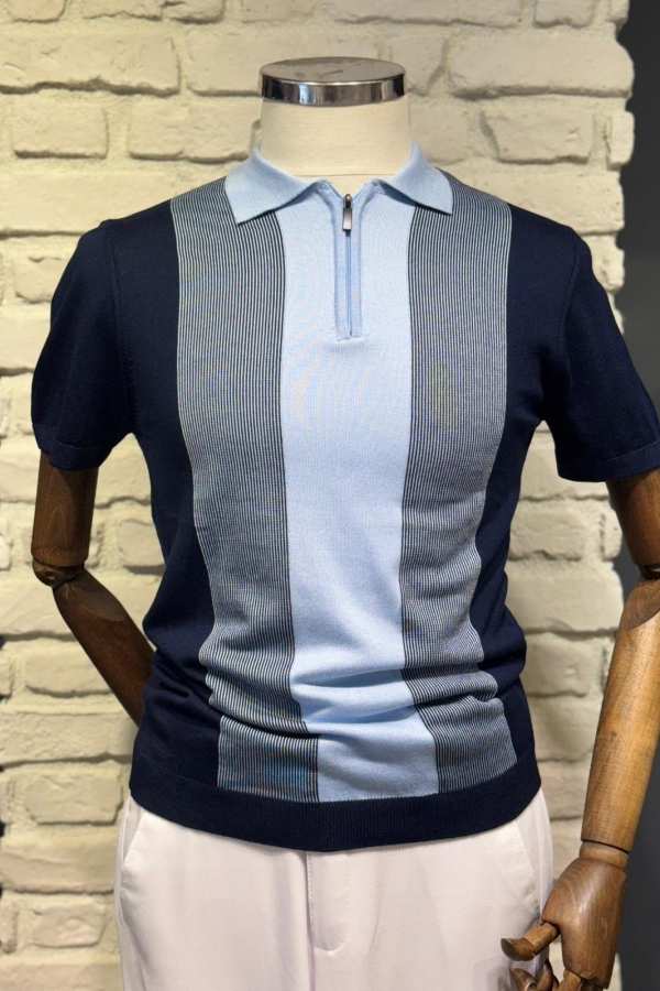 Triko Lacivert Fermuarlı Polo Yaka  T-Shirt Çizgili