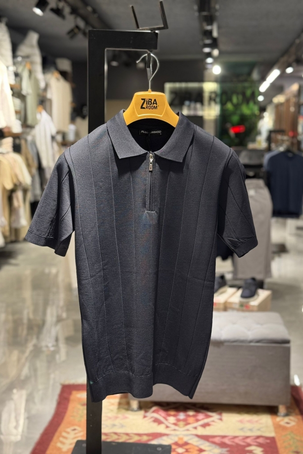 Triko Lacivert Fermuarlı Polo Yaka T-Shirt Düz