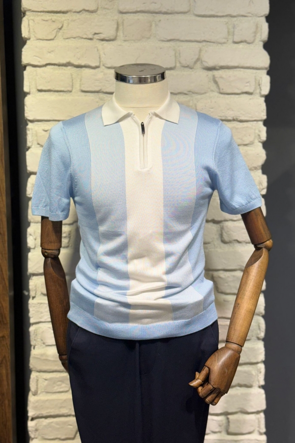 Triko Mavi Fermuarlı Polo Yaka  T-Shirt Çizgili