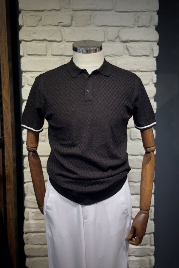 Triko Siyah Düğmeli Polo Yaka T-Shirt Dama