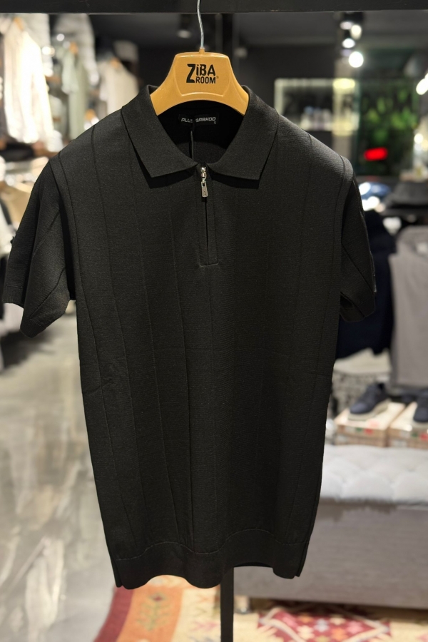 Triko Siyah Fermuarlı Polo Yaka T-Shirt Düz